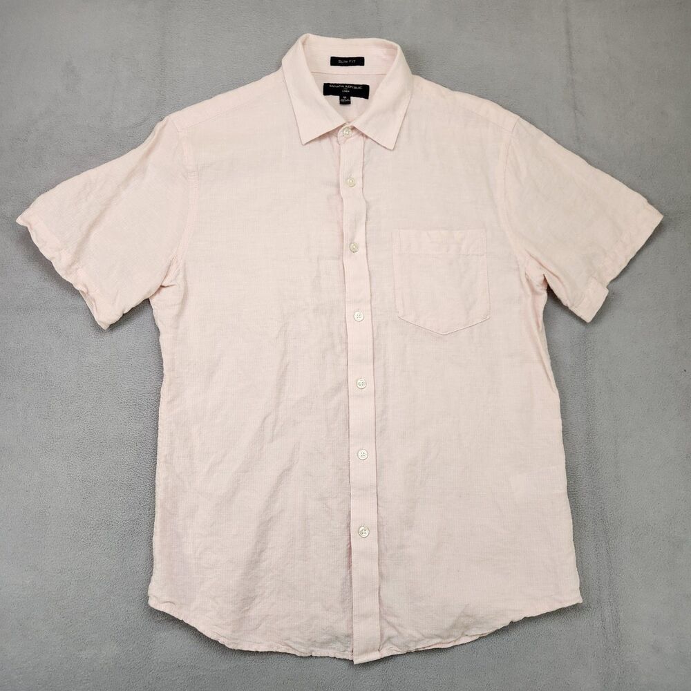 Banana Republic Slim Fit Linen Blend Button Up Shirt Men's M Pink Short Sleeve